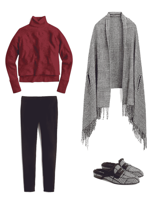J Crew Turtleneck Sweater With Side Slits In Supersoft Yarn  $79.50   /  J Crew Cape Scarf In Glen Plaid  $75  /  J Crew Maddie Pant In Two-Way Stretch Cotton   SALE 49.99  /  Faux Fur Lined Academy Penny Loafer Mule In Glen Plaid  $188