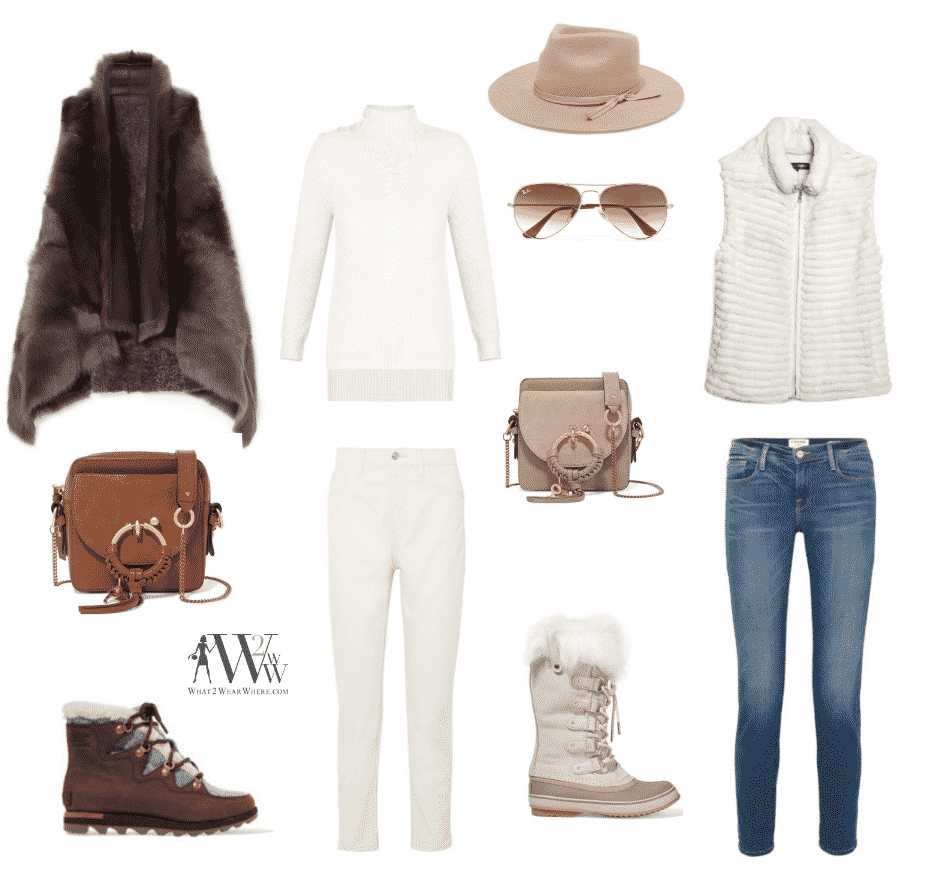 fur vests:  Karl Donaghue Reversible Shearling Vest $1300 /   Glamourpuss White Rabbit Vest $995  sweater:   Veronica Beard Rama Sweater $450  jeans:   Current Elliot Vintage Jeans $230  / Frame Garcon Boyfriend Jeans $210  /  boots:  Sorel Alpine Ankle Boots $180     Sorel Joan of Arc in white $170 .  .  accessories:  Zulu Felt Fedora $130  /   Rayban Aviator Sunglasses $170  /  See by Chloe Shoulder Bag in two shades,  $320 