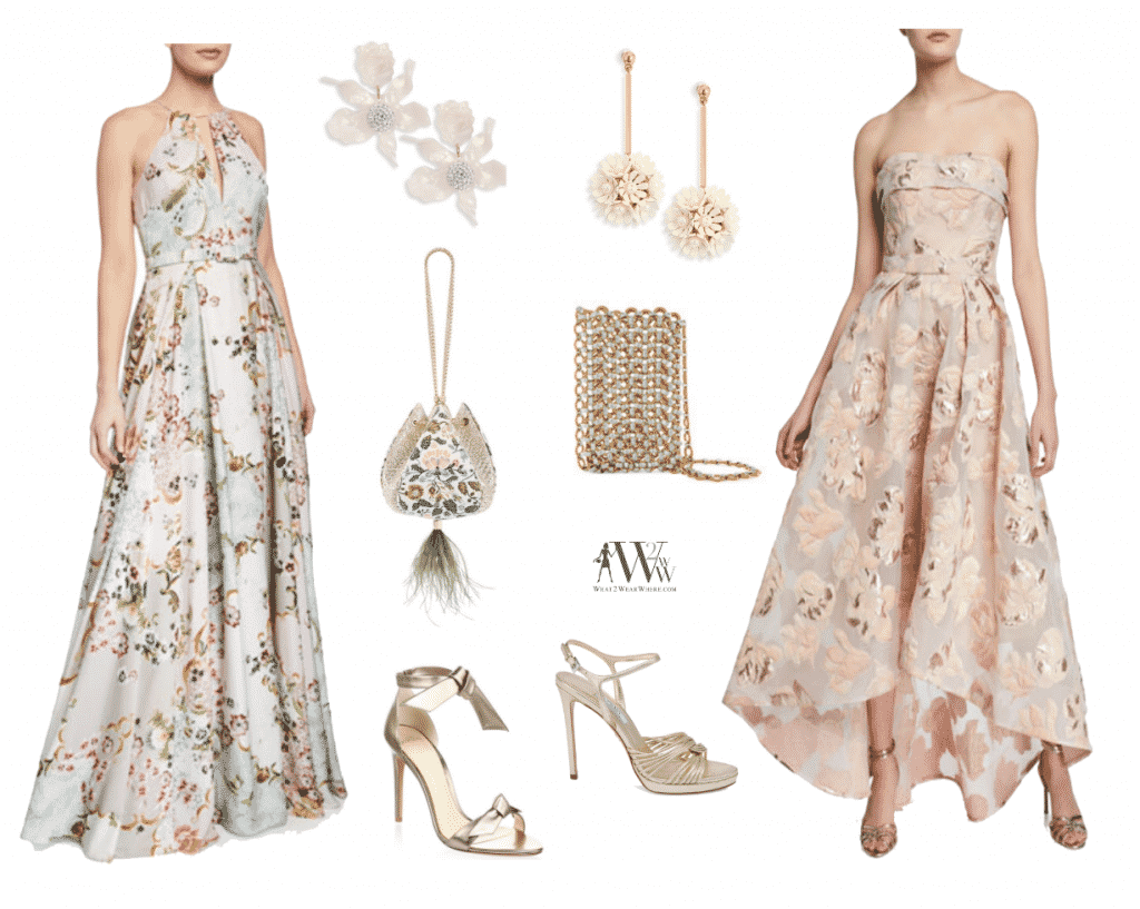 Badgley Mischka Collection Alice Floral-Print Keyhole Halter  Marchesa Notte Strapless Metallic Fil Coupe High-Low, accessories, Lele Sadoughi Cristal Lily Clip-On Earrings  Lele Sadoughi Tahitian Nights Plumeria Faux Pearl Drop Earrings  $168  /  The Volon Cindy Cracked Leather Floral Drawstring  bag  $892  /  Laura Lombardi Gold And Silver-Tone Clutch shoes Alexandre Birman Clarita Metallic Leather Sandals , Prada Strappy Metallic Leather Platforms 