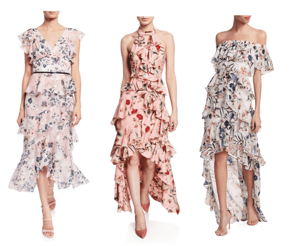 Marchesa Notte Floral Print Burnout Chiffon V-Neck Flutter- sleeve Ruffle  Badgley Mischka Collection Floral-Print High-Low Tiered Ruffle Halter  Badgley Mischka Off-The Shoulder Balladia Floral Ruffle 