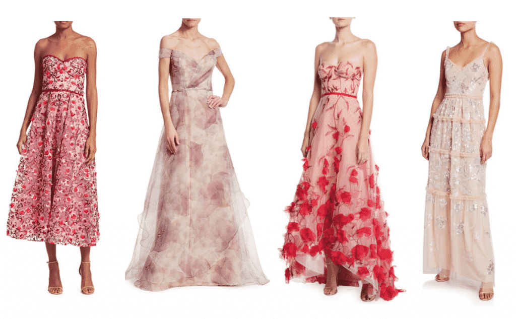 Marchesa Notte  Strapless Sweetheart Embroidered Floral Tulle   Rene Ruiz Floral Organza Off-The Shoulder  $1695  Marchesa Notte Strapless 3D Floral Embroidered High-Low  Needle & Thread Floral Gloss Sequined Tulle V-Neck  $539