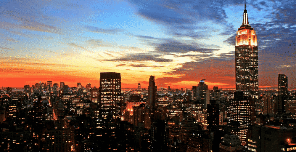 karen klopp answers a fashion question, what to wear in new york city.  this is a photo of the new york city skyline at dusk