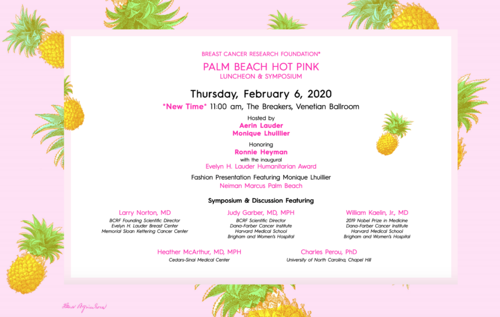 Invitation to breast cancer research foundation, hot pink party at the breakers in palm beach. 