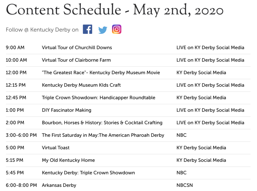 Schedule of event for Kentucky Derby #kentuckyderbyathome