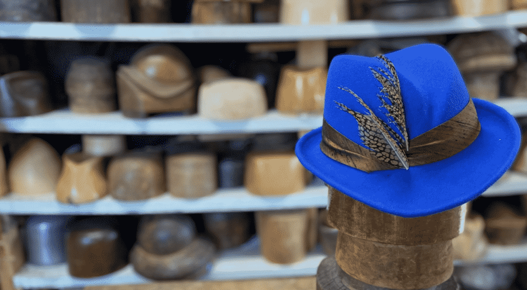 Swan and Stone hats from Vermont. Blue fedora.  
