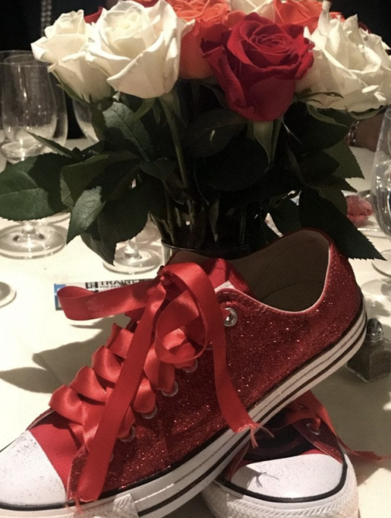 Karen Klopp. What to wear to a charity event Red sneakers for Oakley, Food Allergy Awareness