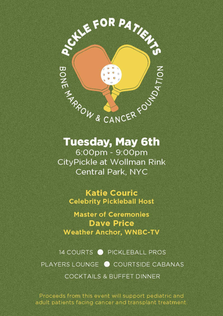 Invitation to Pickleball in central park for bone marrow & cander foundation.   