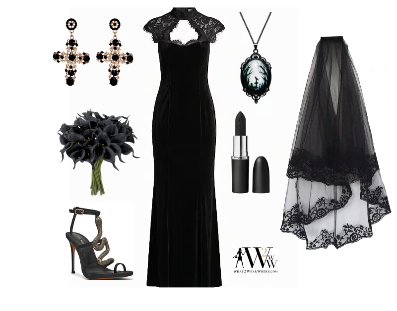 Bride of Frankenstein-inspired Halloween costume collage featuring a chic, glamorous outfit and statement accessories for a stylish take on the classic horror character.
