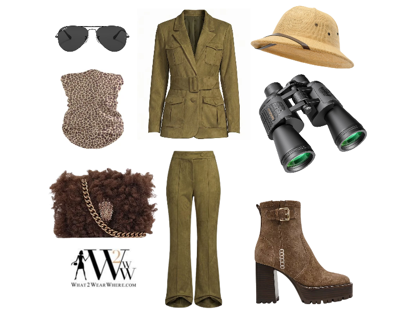 Safari-inspired Halloween costume collage featuring chic khaki and neutral-toned clothing, animal-print accessories, and stylish safari-inspired pieces for a fashionable explorer look.