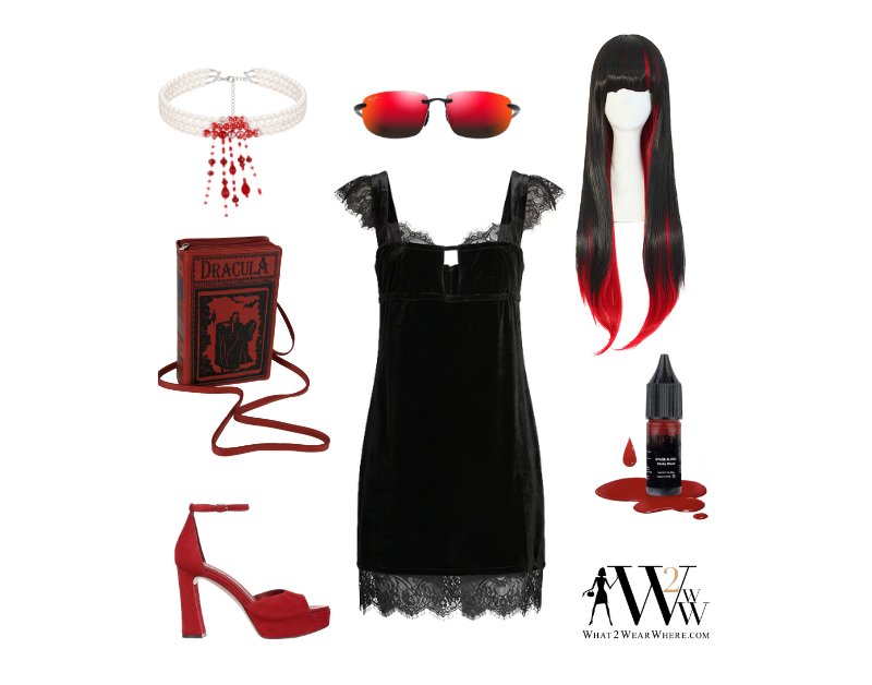 Vampire-inspired Halloween costume collage featuring a black lace-trimmed dress, red-and-black wig, red sunglasses, pearl choker with red jewels, Dracula book handbag, and theatrical fake blood.