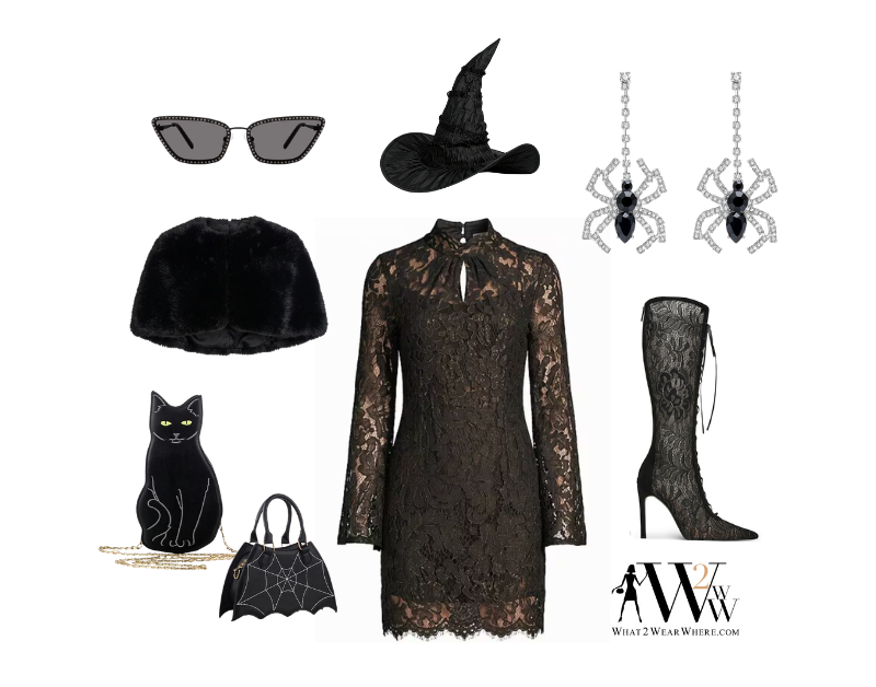 Chic witch-inspired Halloween costume collage featuring a black lace mini dress, pointed witch hat, faux fur cape, spider earrings, lace knee-high boots, cat handbag, spiderweb purse, and black sunglasses.